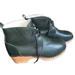 Troentorp‎ Morris Shearling Clog Boots Green Leather Size 40 EUC Made in Sweden